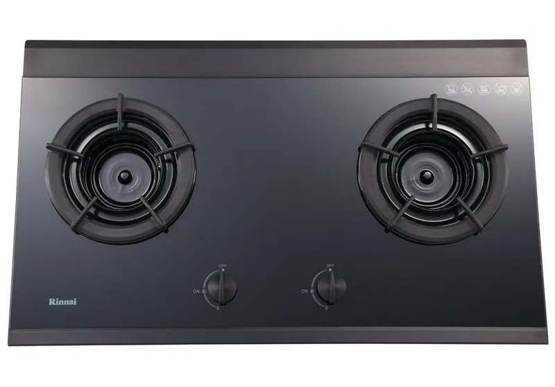 Kompor Tanam Gas Rinnai 2 Tungku Inner Burner - Kaca Tempered Hitam RB-2Gi
